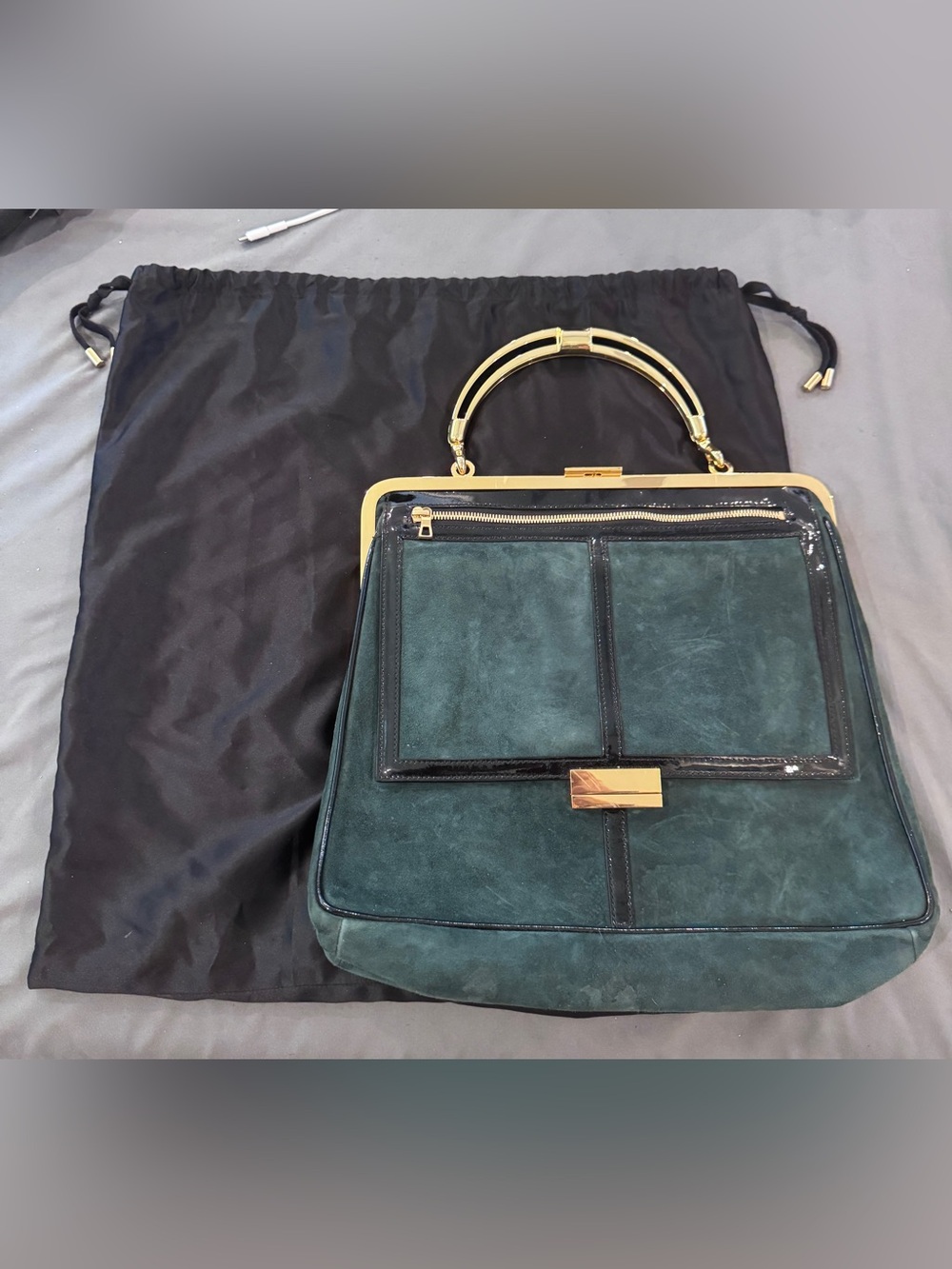 Balmain H&M Structured Green Suede Satchel with Gold Handle